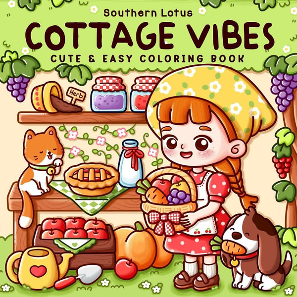 Front cover of the Cottage Vibes colouring book, showing a girl in a headscarf with a basket of fruit, a lattice pie and jars of preserves