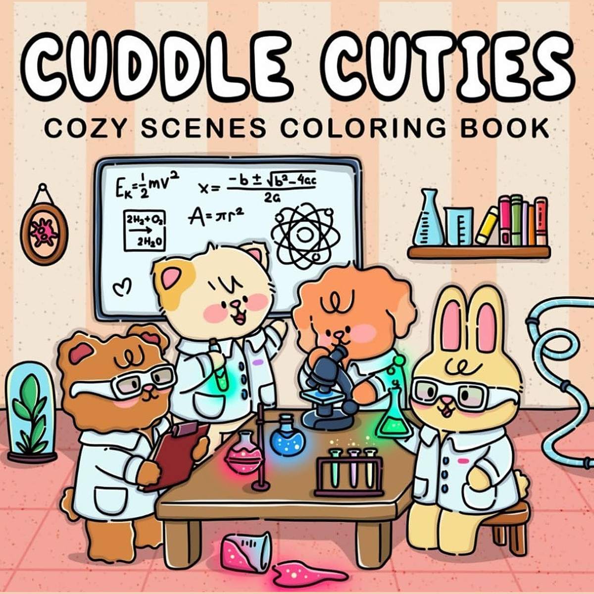 Front cover of the Cuddle Cuties colouring book, showing animal characters in lab coats around a science bench