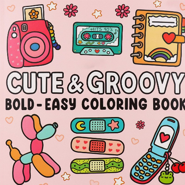 Front cover of the Cute and Groovy bold and easy colouring book, showing an instant camera, cassette tape and flip phone