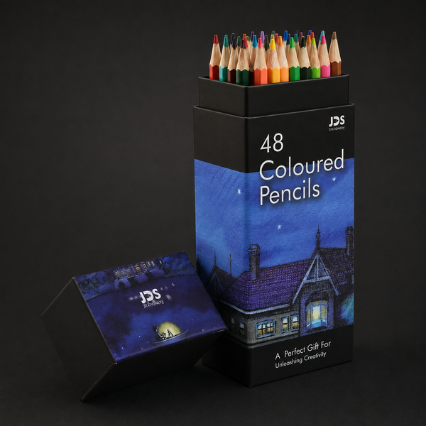 Night sky box of 48 coloured pencils, open to show the pencils