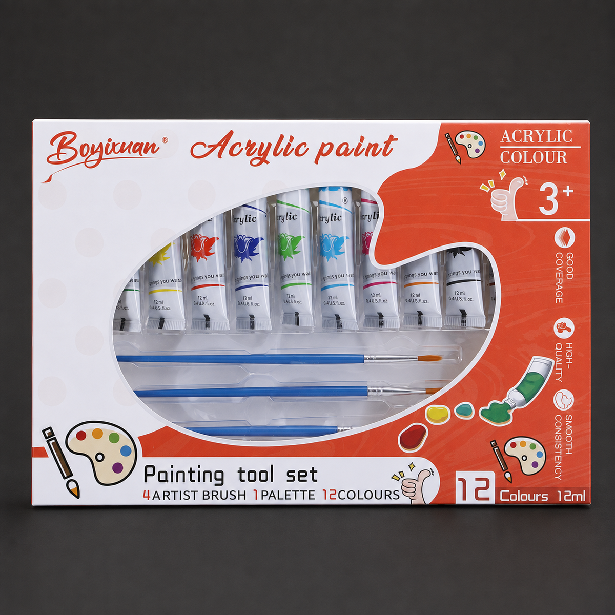 Acrylic painting tool set: 12 colours in 12 ml tubes with four brushes and a palette
