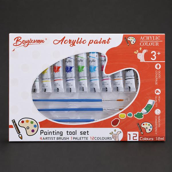 Acrylic painting tool set: 12 colours in 12 ml tubes with four brushes and a palette