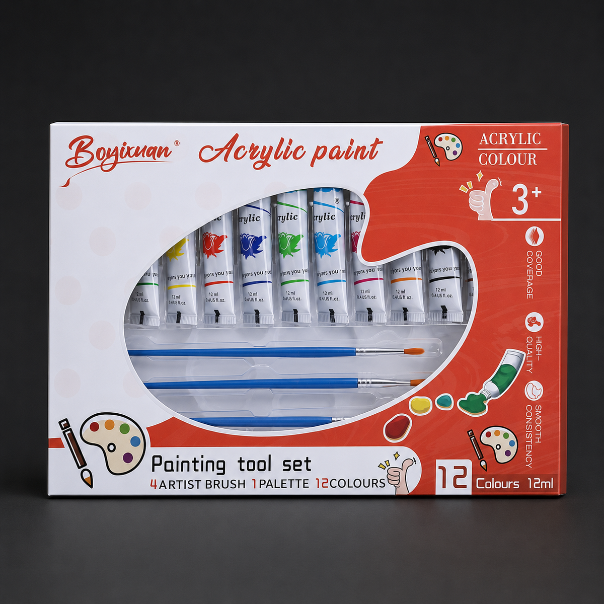 The 12 ml acrylic paint set box showing the tubes and brushes through the window