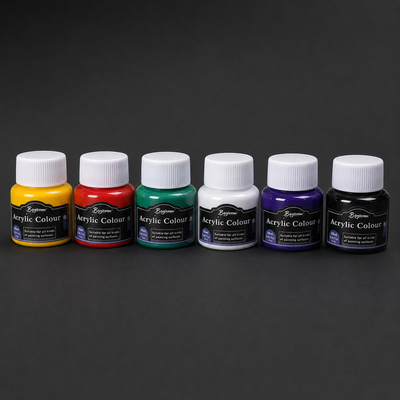 Six pots of acrylic colour in a row: yellow, red, green, white, purple and black