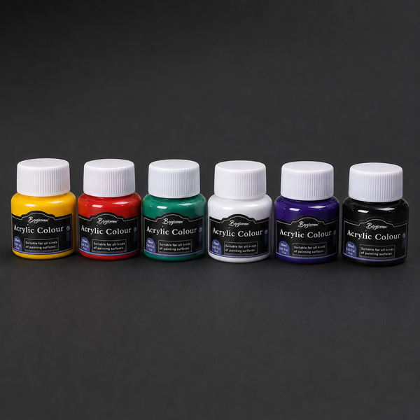 Six pots of acrylic colour in a row: yellow, red, green, white, purple and black