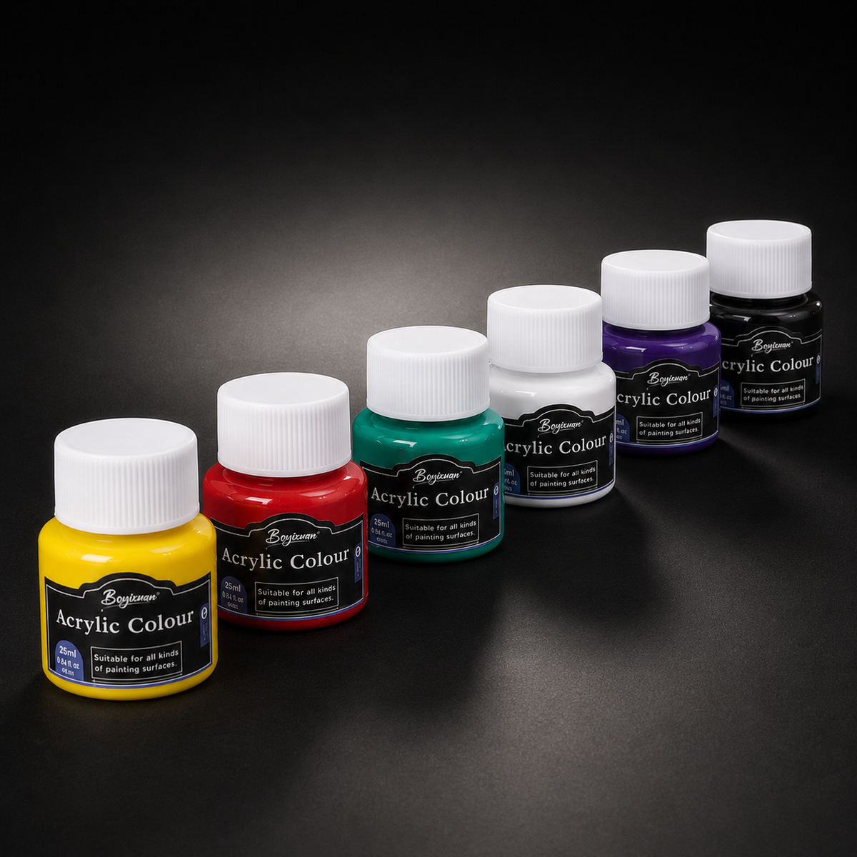 Six acrylic colour pots arranged in a curve