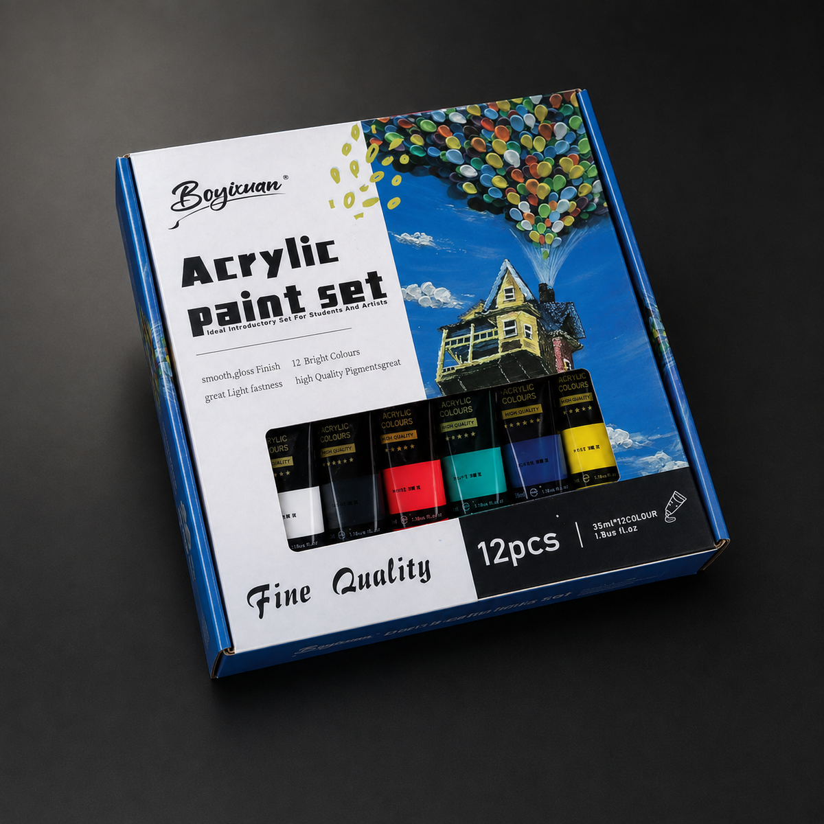 Acrylic paint set, 12 colours in 35 ml tubes, three-quarter view