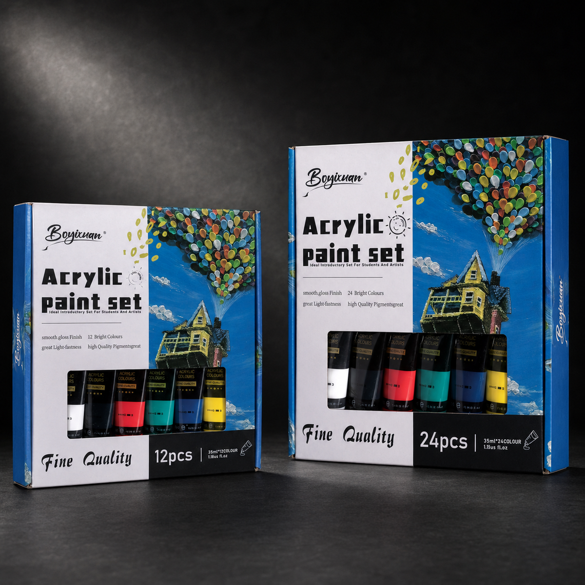 The 12 colour and 24 colour 35 ml acrylic paint boxes side by side