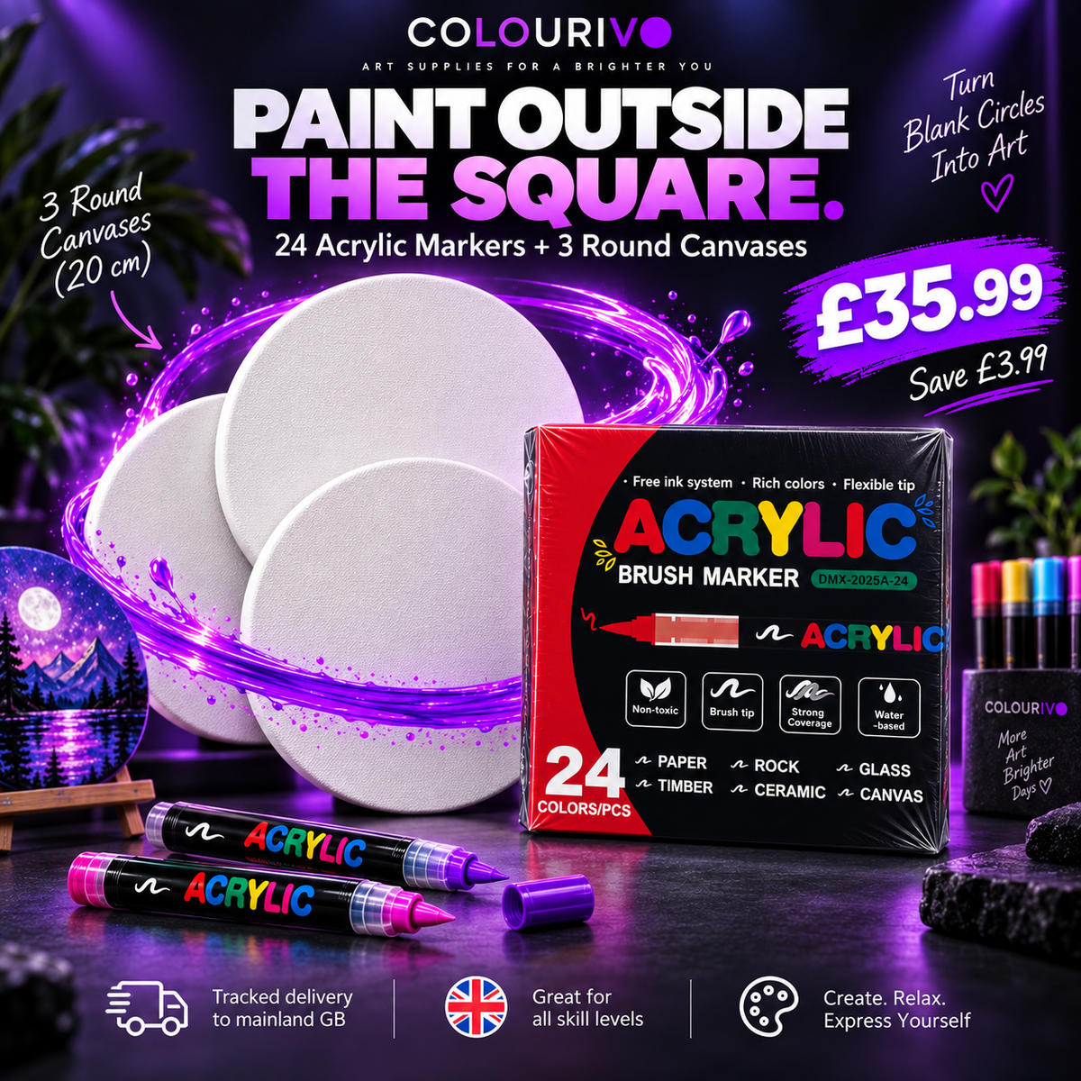 Round Canvas Marker Set: twenty-four single-tip acrylic markers shown with three 20 cm round stretched canvases.