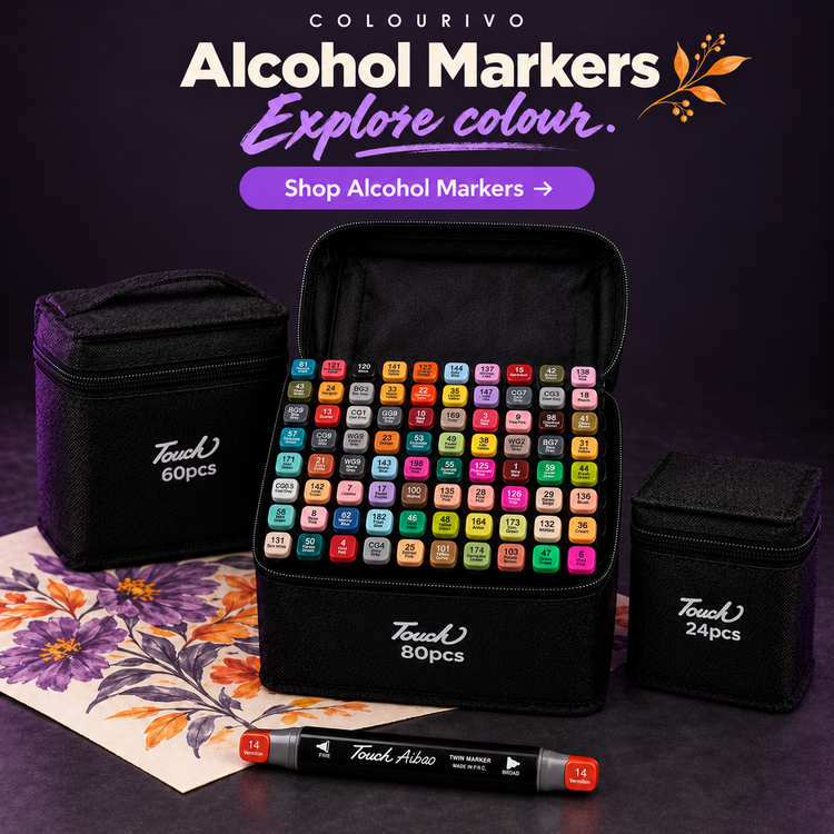 TOUCH twin-tip alcohol marker cases in 24, 60 and 80 colours, open on a dark studio table.