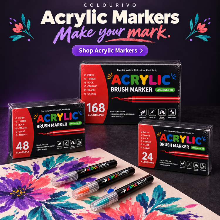 Single-tip acrylic marker sets with painted colour strokes across the scene.