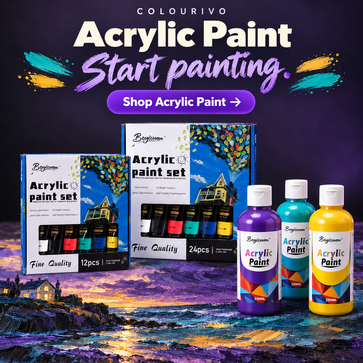 Acrylic paint tubes and bottles arranged with fresh colour swatches.