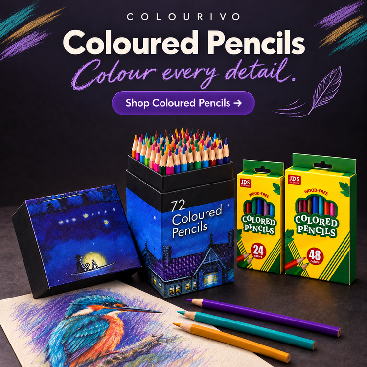 Coloured pencil sets fanned out beside fine pencil hatching.