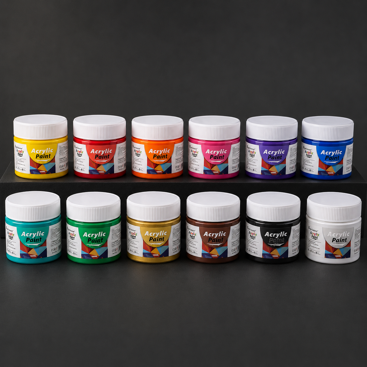 The 100 ml acrylic paint pot range, twelve colours