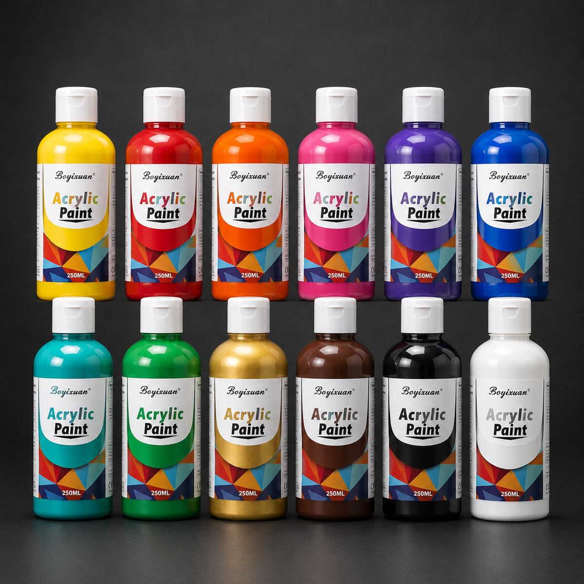 The 250 ml acrylic paint range, twelve colours
