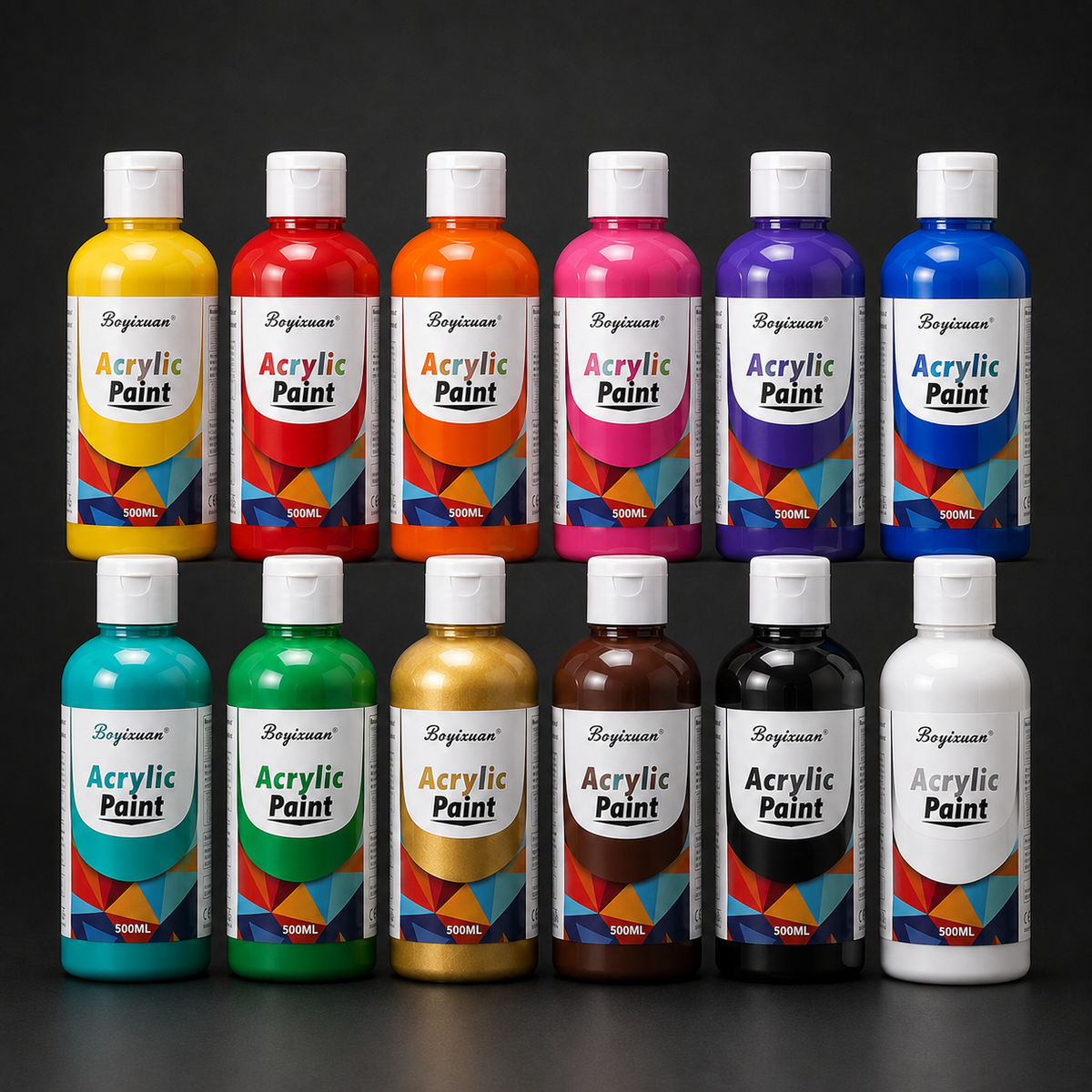The 500 ml acrylic paint range, twelve colours