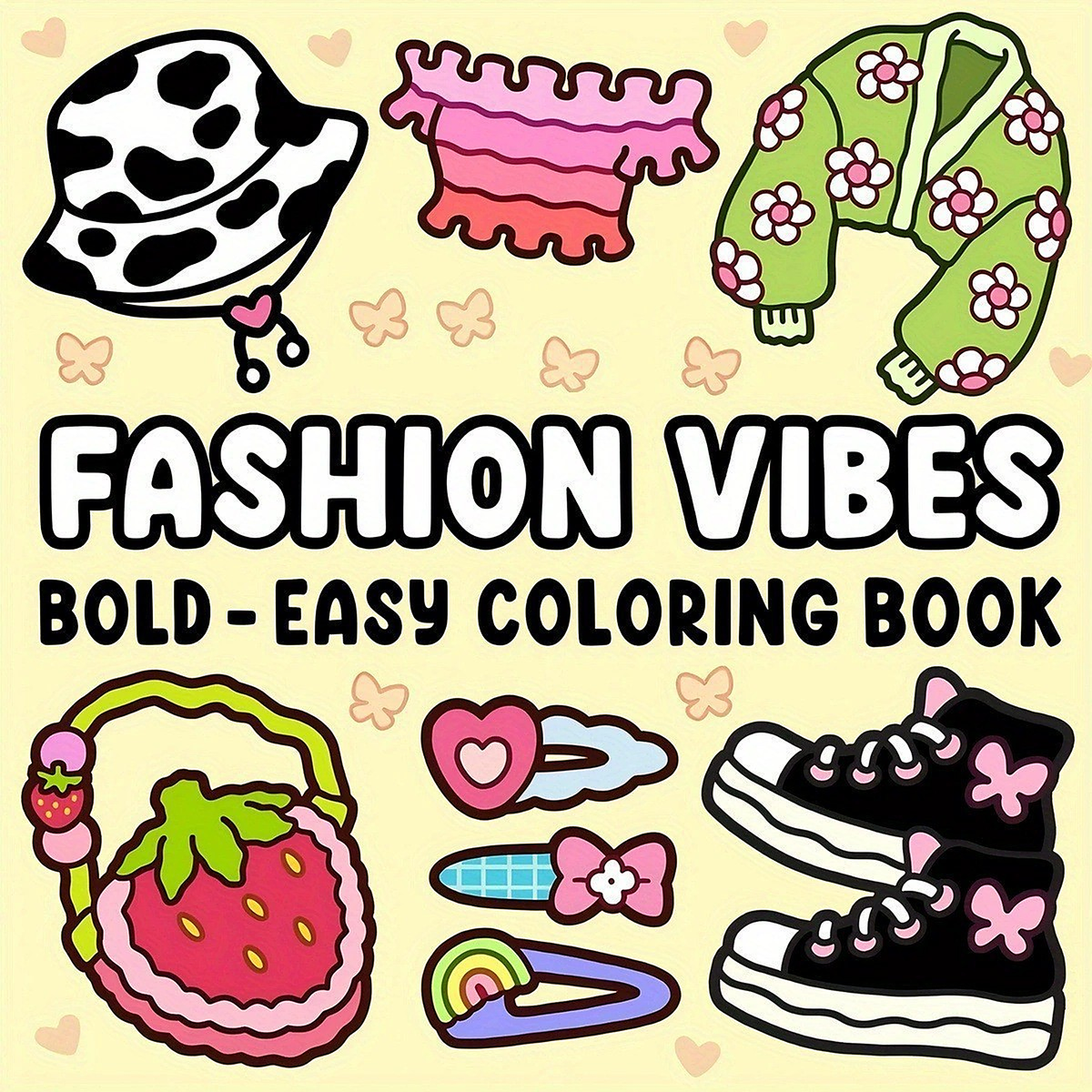 Front cover of the Fashion Vibes bold and easy colouring book, showing a bucket hat, floral jacket, bag and trainers