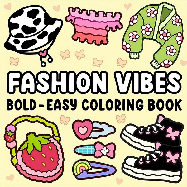 Front cover of the Fashion Vibes bold and easy colouring book, showing a bucket hat, floral jacket, bag and trainers