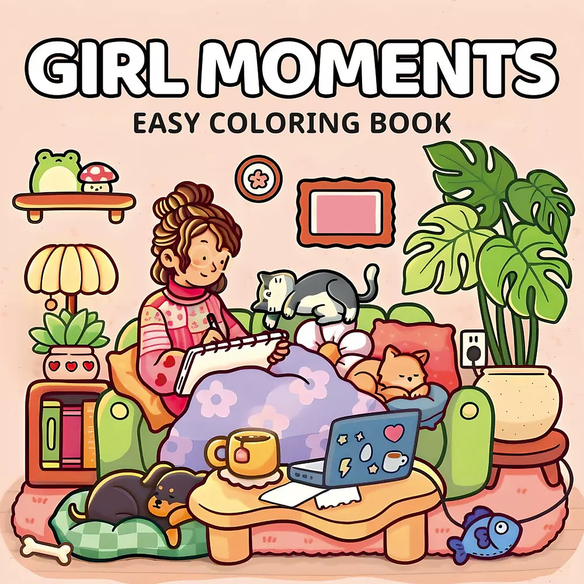 Front cover of the Girl Moments colouring book, showing a girl on a sofa with a laptop, sleeping pets and houseplants