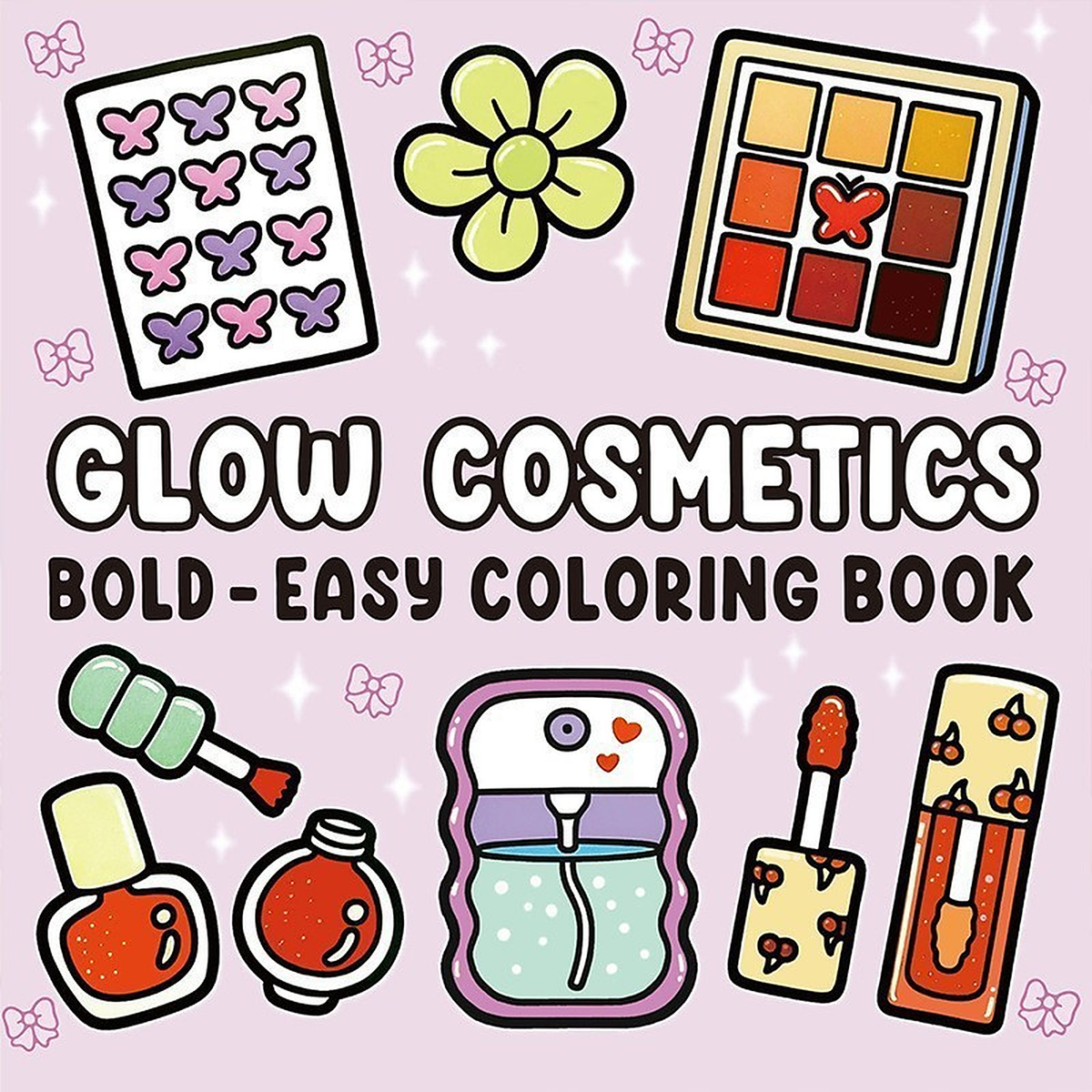Front cover of the Glow Cosmetics bold and easy colouring book, showing nail polish, an eyeshadow palette and lip gloss