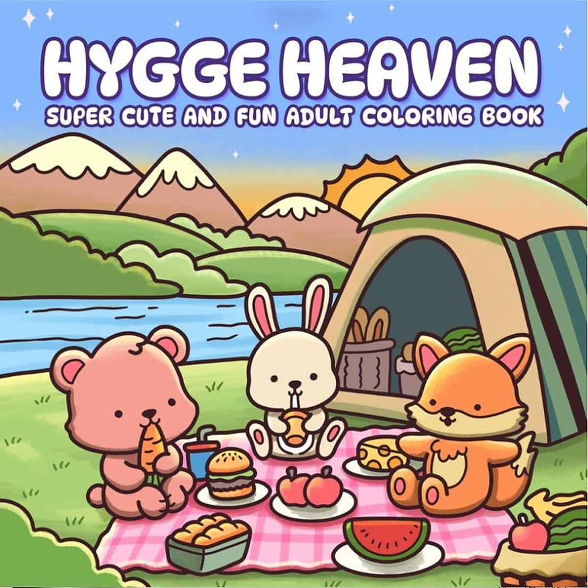 Front cover of the Hygge Heaven colouring book, showing a lakeside picnic with a tent, bear, fox and rabbit