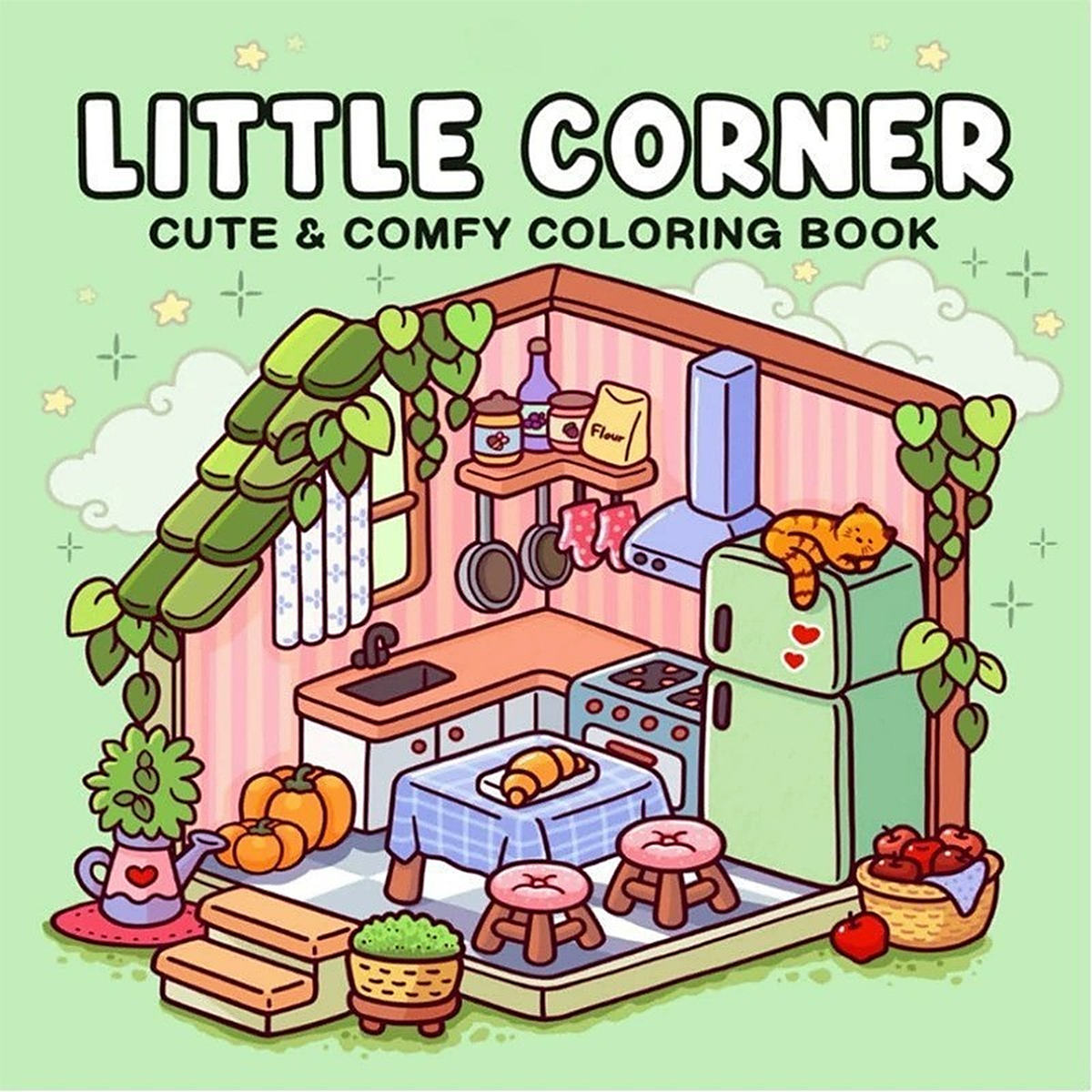 Front cover of the Little Corner colouring book, showing a cutaway kitchen scene with a stove, fridge and trailing vines