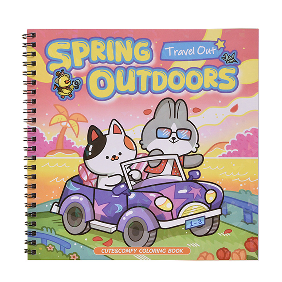 Front cover of the spiral-bound Spring Outdoors colouring book, showing a cat and rabbit in an open-top car by a beach
