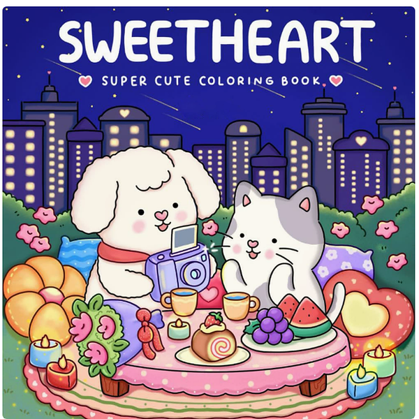 Front cover of the Sweetheart colouring book, showing a dog and cat on a picnic rug against a night-time city skyline