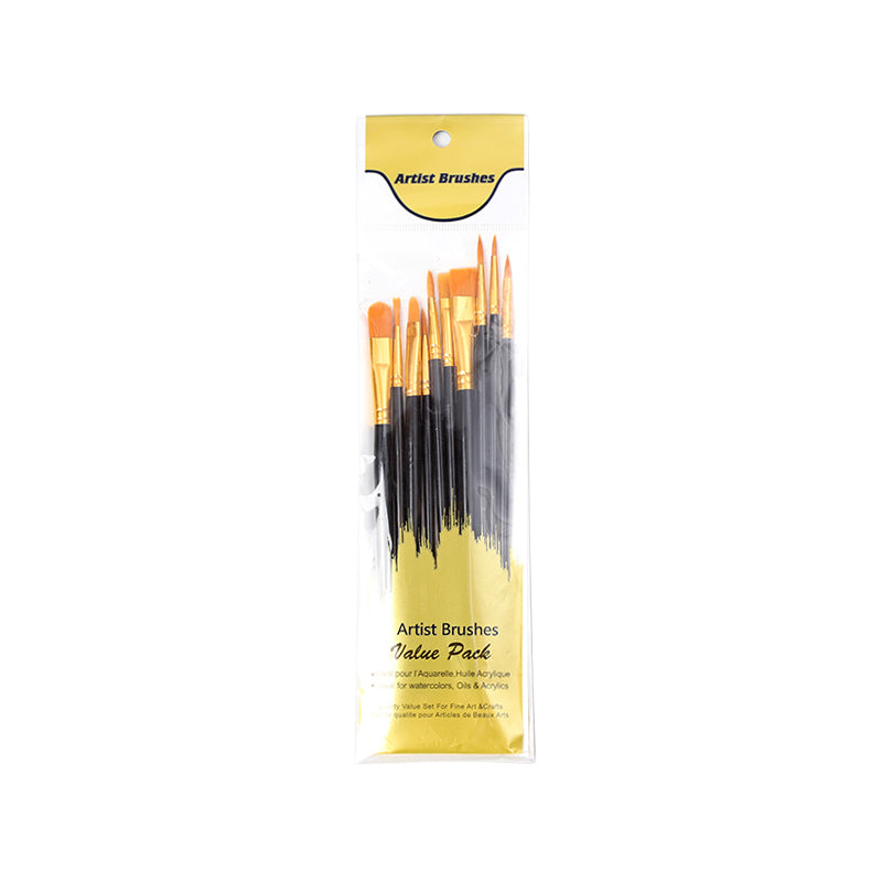 The Artist Brushes Value Pack sleeve in black, sealed, showing ten brushes with black handles and gold ferrules behind a gold Value Pack card.