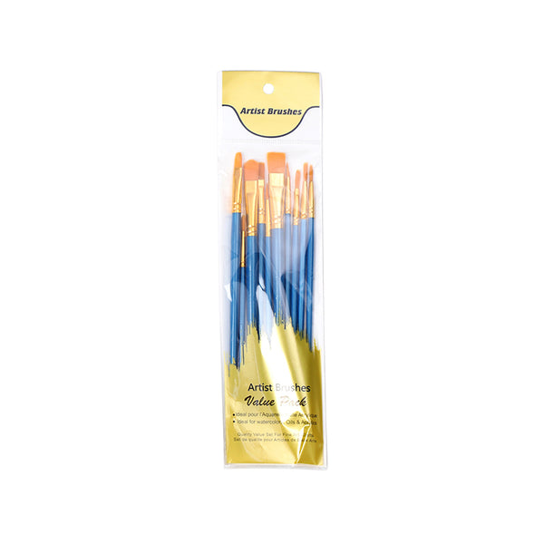 The Artist Brushes Value Pack sleeve in blue, sealed, showing ten brushes with royal blue handles and gold ferrules behind a gold Value Pack card.