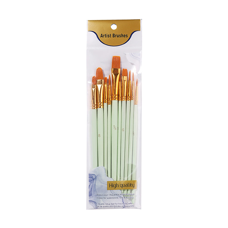 The Artist Brushes Value Pack sleeve in light green, sealed, showing ten brushes with pale green handles and gold ferrules behind a gold Artist Brushes card.