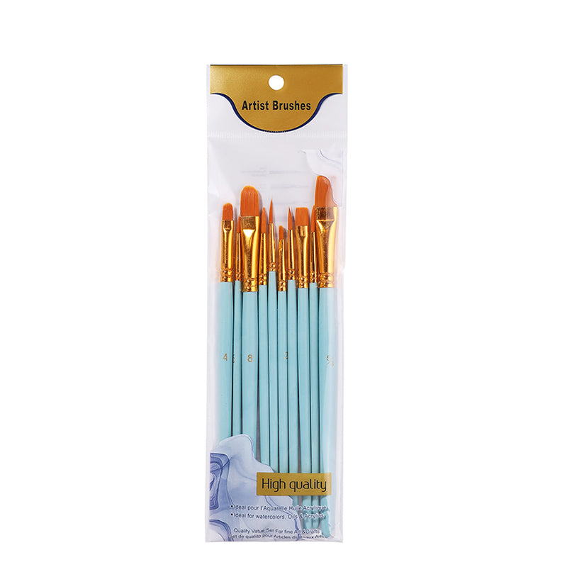 The Artist Brushes Value Pack sleeve in mint, sealed, showing ten brushes with pale aqua handles and gold ferrules behind a gold Artist Brushes card.