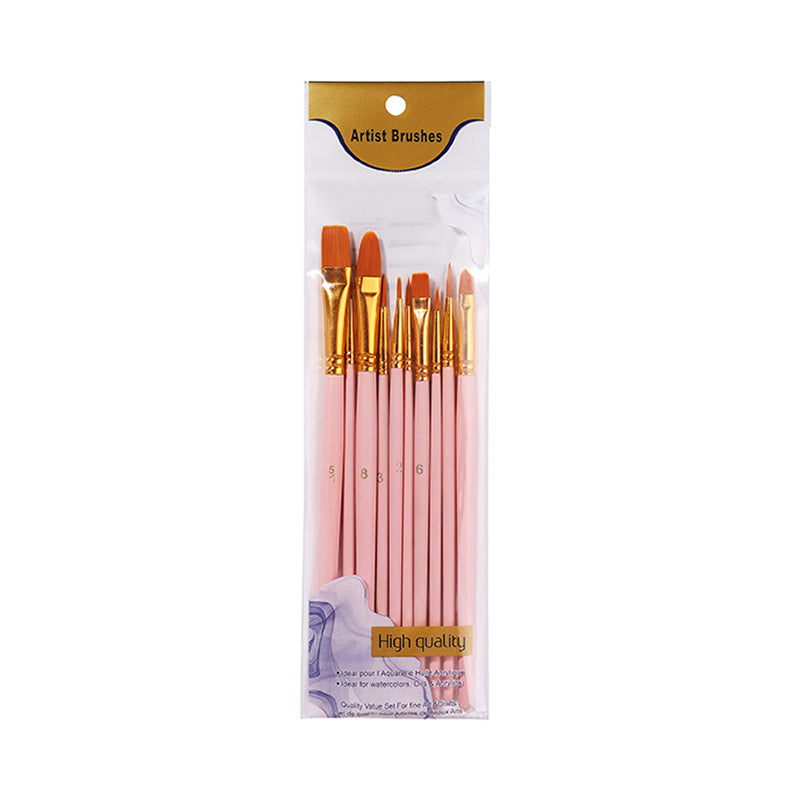 The Artist Brushes Value Pack sleeve in pink, sealed, showing ten brushes with pale pink handles and gold ferrules behind a gold Artist Brushes card.