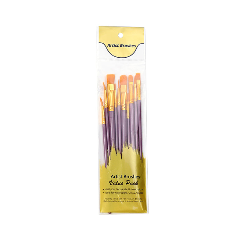 The Artist Brushes Value Pack sleeve in purple, sealed, showing ten brushes with lilac handles and gold ferrules behind a gold Value Pack card.